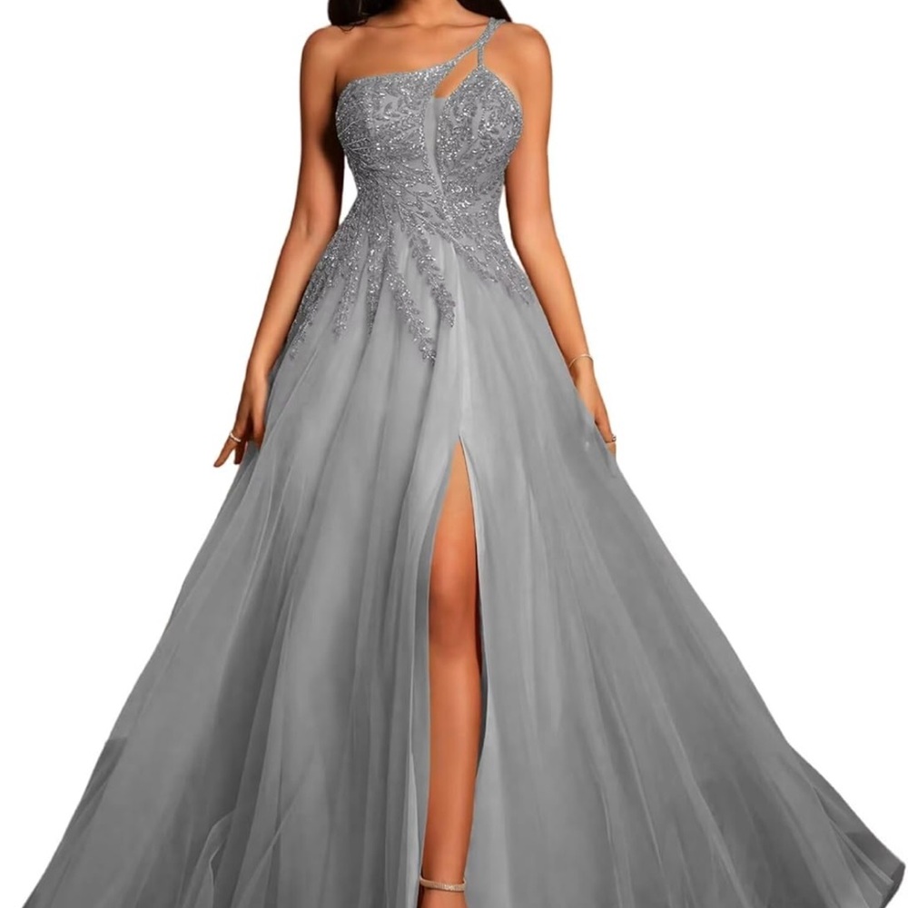Elegant One Shoulder Silver Evening Gown